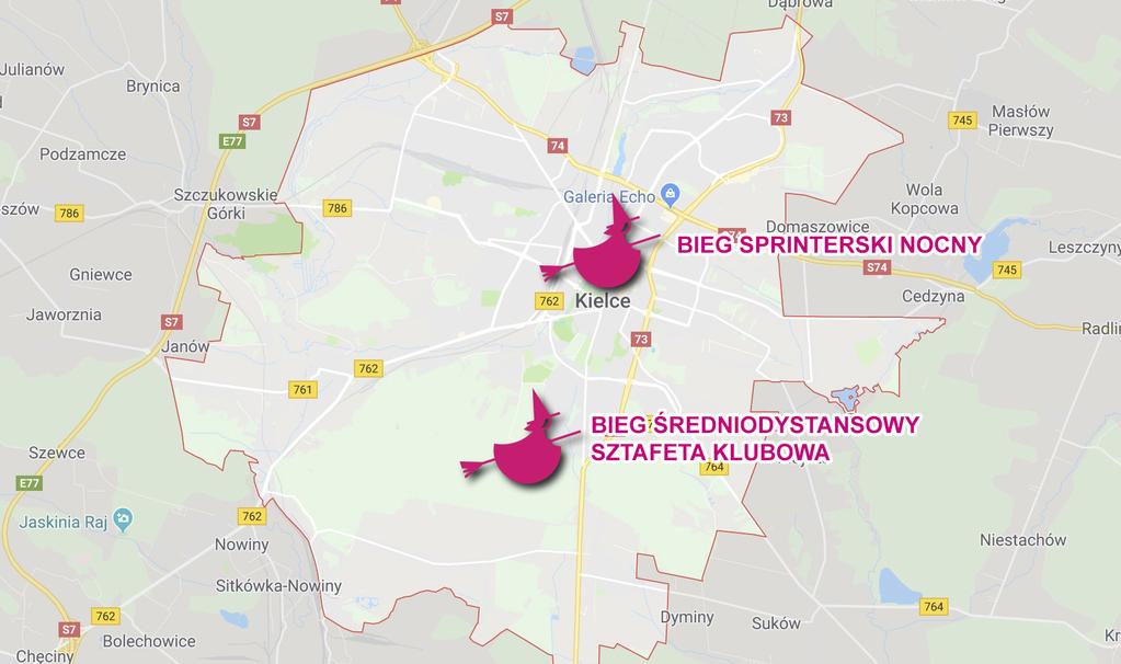 CENTRUM ZAWODÓW 20.09.2019 - Piątek Bieg sprinterski nocny Kielce - Rynek GPS: 50.871738, 20.631230 21.09.2019 -Sobota Bieg średniodystansowy Kielce - Stok Narciarski Na Stadionie GPS: 50.841568, 20.