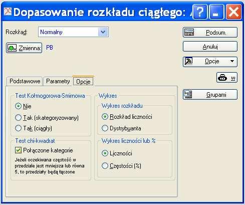 Obliczenia w pakiecie STATISTICA W okienku Dopasowanie rozkładu ciągłego na karcie Opcje