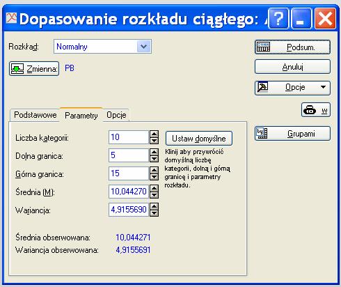 Obliczenia w pakiecie STATISTICA Na karcie Parametry ustawiamy liczbę kategorii (czyli klas szeregu rozdzielczego)