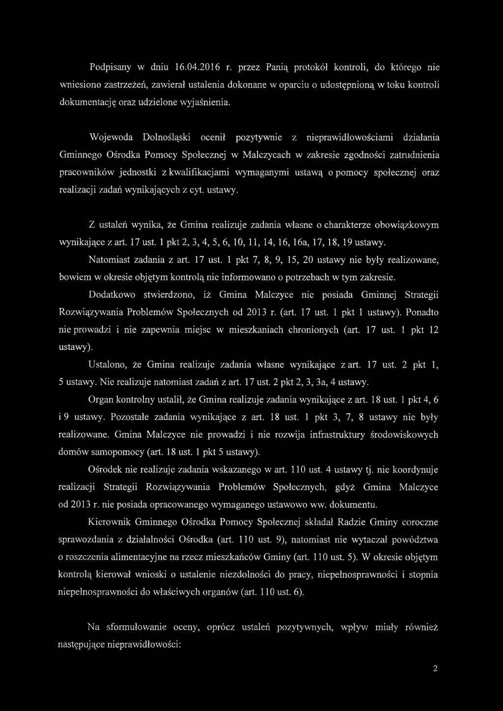 Wojewoda Dolnośląski ocenił pozytywnie z nieprawidłowościami działania Gminnego Ośrodka Pomocy Społecznej w Malczycach w zakresie zgodności zatrudnienia pracowników jednostki z kwalifikacjami