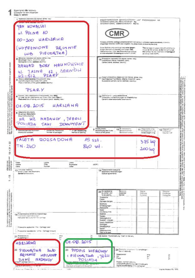 2.2 Opakowania zwrotne klient zwraca wraz z wypełnionym dokumentem obrotu opakowaniami lub CMR. Klient wypełnia miejsca zaznaczone czerwoną ramką.