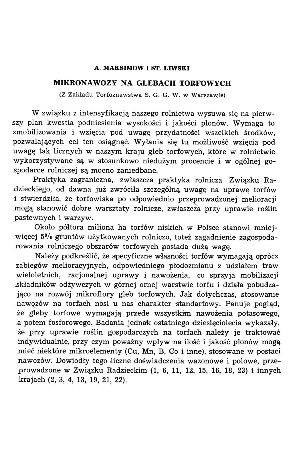 A. MAKSIMÓW i ST. LIWSKI MXKRONAWOZY NA GLEBACH TORFOWYCH (Z Zakładu Torfoznawstwa S. G. G. W.