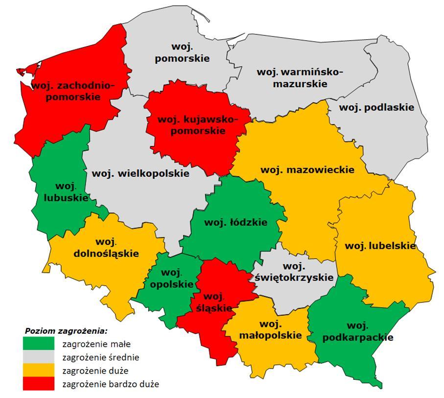 zagrożenie bardzo duże województwa: kujawsko-pomorskie, śląskie, zachodniopomorskie. W każdej grupie znajduje się jedno z województw, w których przeprowadzono badania.