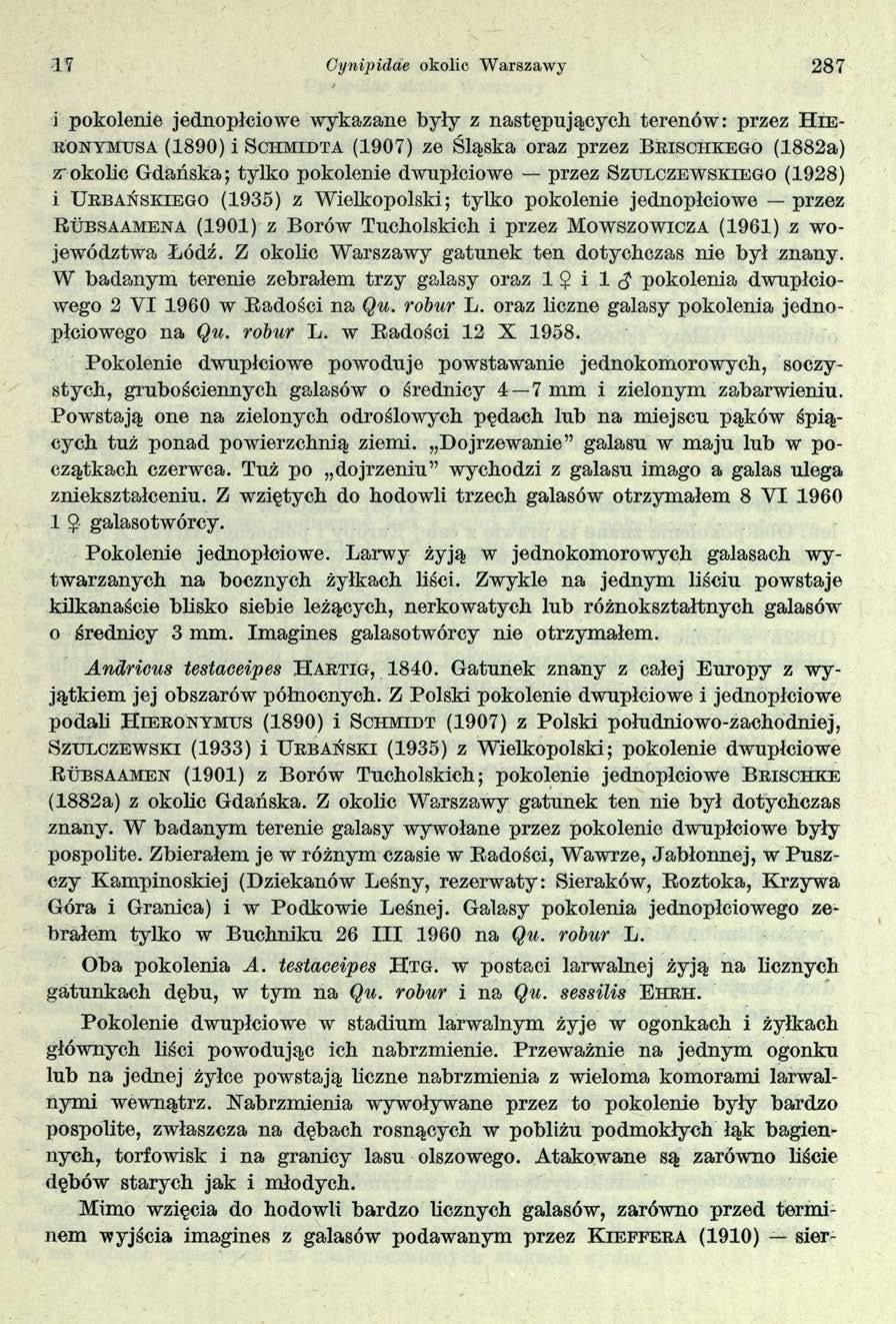 Cynipidde okolic Warszawy 287 i pokolenie jednopłciowe wykazane były z następujących terenów: przez Hier o n y m u s a (1890) i S c h m id t a (1907) ze Śląska oraz przez B r is c h k e g o (1882a)