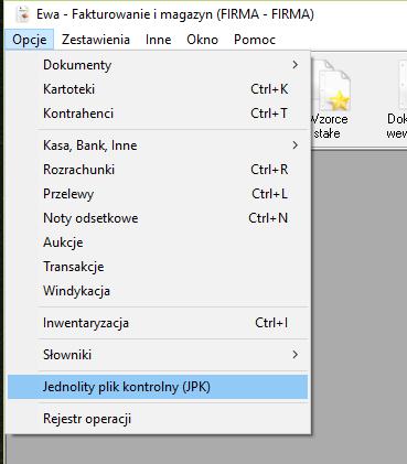 JPK w programie Ewa - fakturowanie i magazyn Funkcjonalność dostępna jest z poziomu menu głównego Opcje Jednolity
