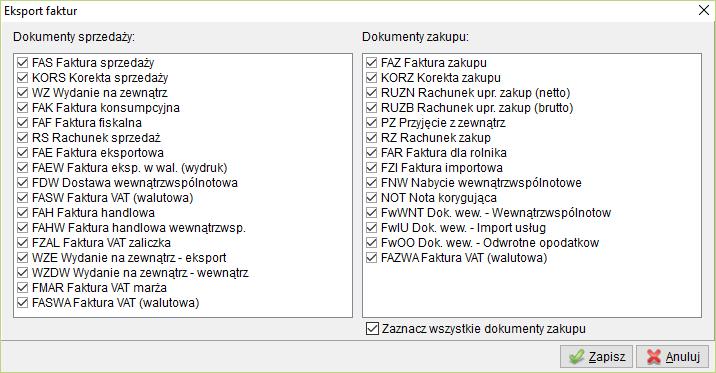 W oknie tym możemy zaznaczyć lub odznaczyć dokumenty uwzględniane w pliku JPK.