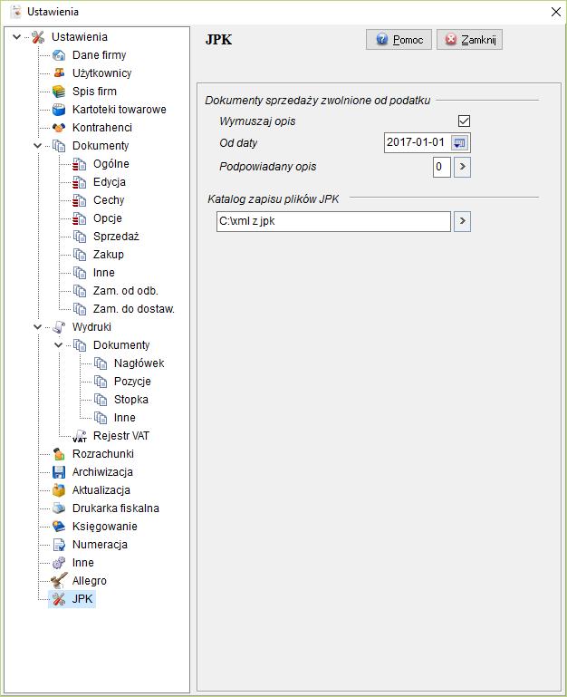 Zakładka Archiwizacja Archiwizuj pliki XML dotyczące JPK Zaznaczenie