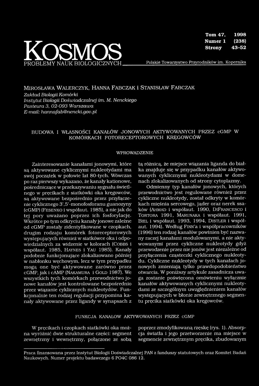 gou.pl BUDOWA I WŁASNOŚCI KANAŁÓW JONOWYCH AKTYWOWANYCH PRZEZ cgmp W KOMÓRKACH FOTORECEPTOROWYCH KRĘGOWCÓW WPROWADZENIE Zainteresowanie kanałami jonowymi, które są aktywowane cyklicznymi nukleotydami