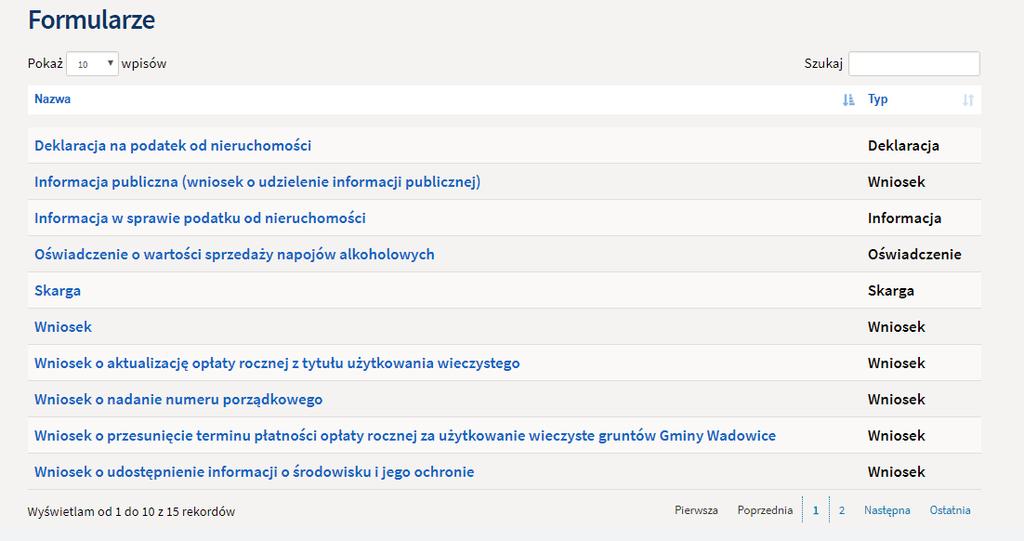 7. Formularze 7.1 Udostępnione formularze Aby przejść do udostępnionych formularzy należy wybrać zakładkę Wnioski i formularze, a następnie Formularze.