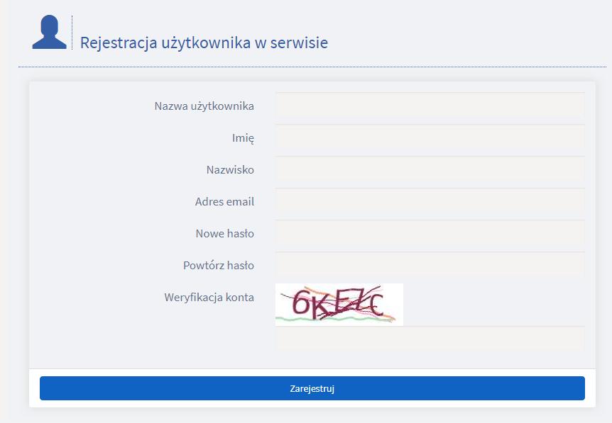 Jeżeli użytkownik wybierze rejestrację za pomocą formularza systemowego, powinien wypełnić następujące pola: Imię, Nazwisko, Adres e-mail, Nowe hasło oraz weryfikacyjny kod