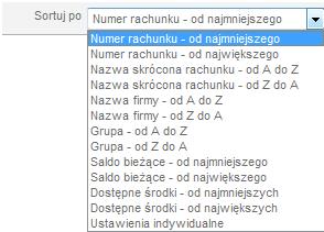 Listę rachunków możesz również posortować według wybranego elementu: Rachunki możesz uporządkować, dzieląc je na dowolnie stworzone grupy w ten sposób łatwiej będzie je odnaleźć na liście oraz na