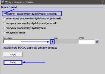 7. KROK 3 W SYSTEMIE USOS Na formularzu Prace dyplomowe wg osob w zakładce Recenzje, dodajemy recenzent-a/-ów poprzez naciśnięcie przycisku