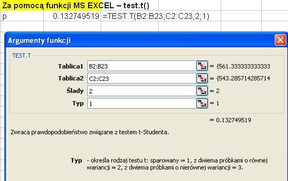 Wykorzystujemy funkcję t.test() T.TEST() T.TEST(B:B3;C:C3;;1) Obliczone prawdopodobieństwo jest większe niż 0,05.