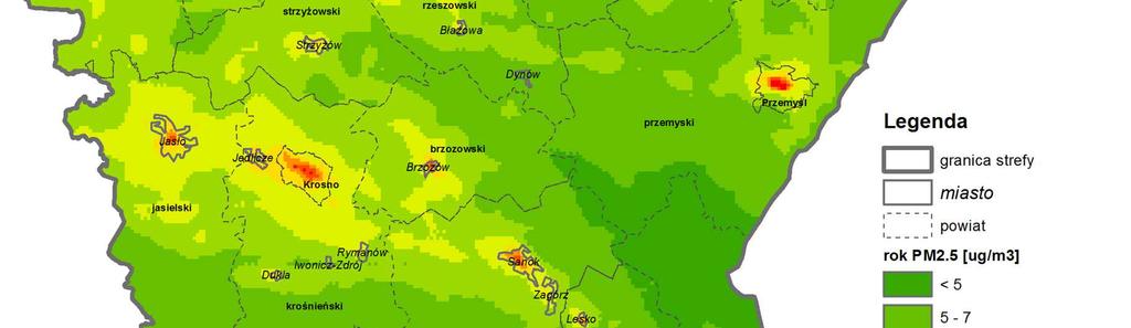 5, szczególnie na obszarach przekroczeń. Rys. 3.1.4. Rozkład stężeń średniorocznych pyłu PM2.