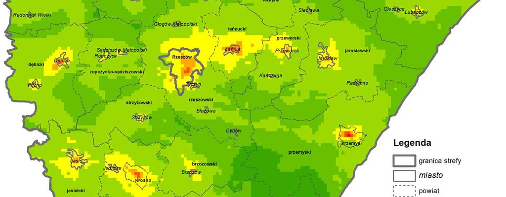 Strefy: miasto Rzeszów i podkarpacka zaliczone zostały do klasy C. Wyniki modelowania i wyniki pomiarów pozwoliły na wyznaczenie obszarów przekroczeń w zakresie benzo(a)pirenu.