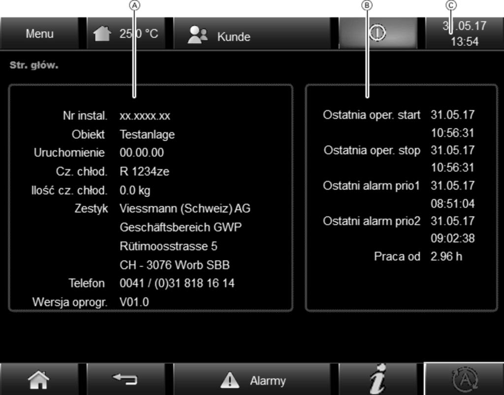 Strona główna Rys. 2 A B C Informacje dotyczące instalacji Informacje dotyczące eksploatacji Data/godzina Otwiera stronę Ustawianie godz. patrz strona 22. Menu Otwiera stronę Menu. patrz strona 10.