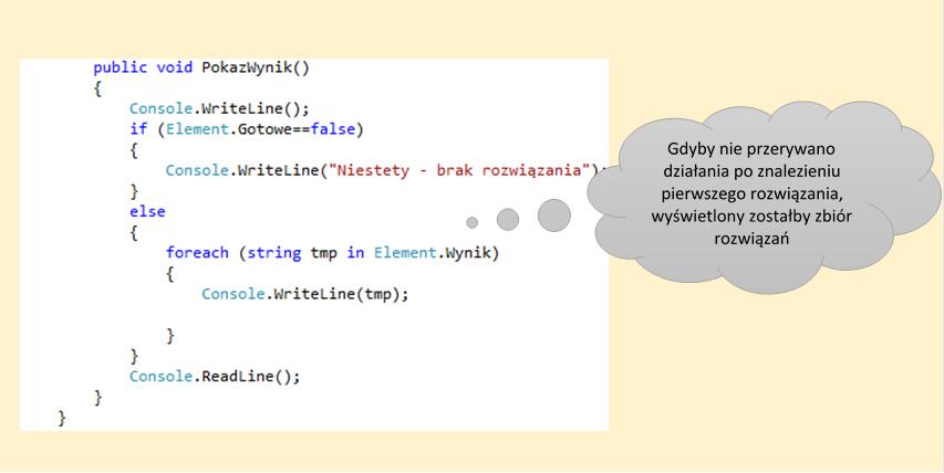 Utworzenie w programie obiektu klasy Element powoduje rozwiązanie problemu i zapisanie wyniku w liście Wynik.