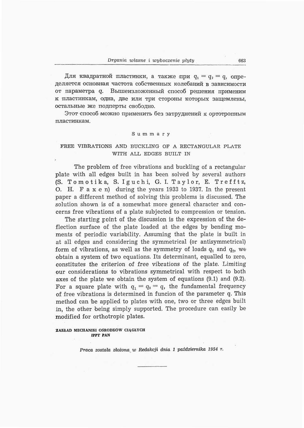 Drgania własne i wybaczenie płyty 663 a TaKsce cnpji qi = q 3 = q, onpeochobuaa nactota cosctbenhbix KOJieSaHnn B 3aBncMM0CTM OT napamerpa q. BBiinew3.