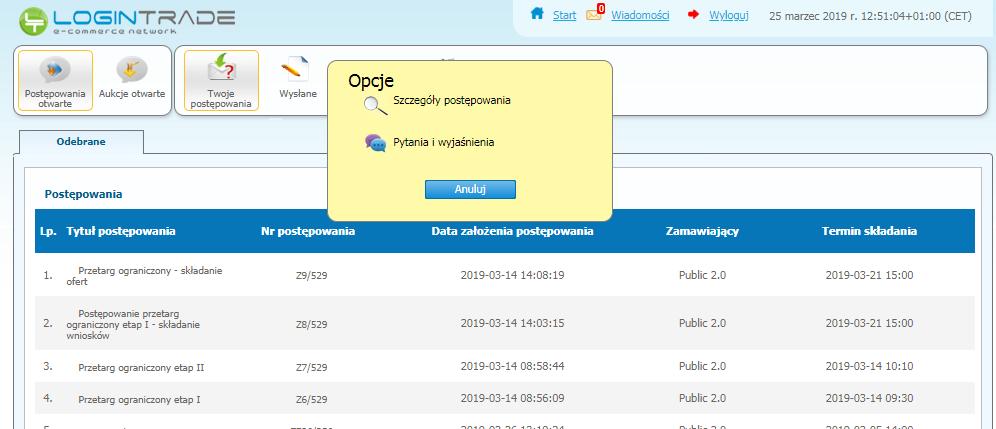 6) Następnie należy kliknąć na tytuł postępowania, do którego Wykonawca chce przesłać oświadczenia/dokumenty i z opcji wybrać Szczegóły postępowania.