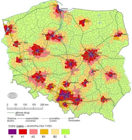 Typologia według zasięgu oddziaływania M rdzenie ośrodków miejskich; A1 strefa najsilniejszego rzeczywistego oddziaływania (rzeczywista strefa podmiejska); A2 strefa najsilniejszego potencjalnego