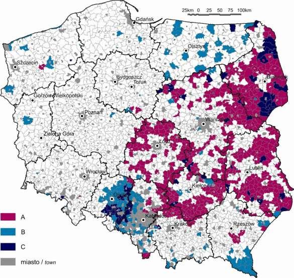 Obszary zachwianej struktury wieku Obszary zachwianej struktury wieku ludności wiejskiej A udział osób w wieku 65+ ponad 16%, 2007 (średnia OW = 13,3%), B obszary o niekorzystnych