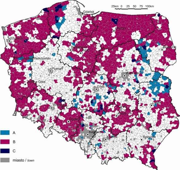 Niska aktywność społeczna A obszary wiejskie o niskiej dynamice liczby stowarzyszeń i organizacji pozarządowych (przyrost liczby stowarzyszeń i organizacji pozarządowych w okresie 1998 2007 o mniej