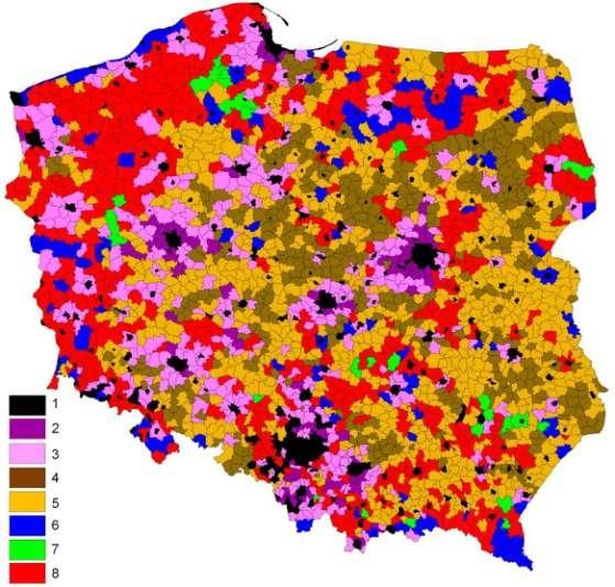 Struktura funkcjonalna gmin 1) gminy miejskie, 2) obszary urbanizowane, 3) wielofunkcyjne obszary przejściowe, 4) obszary wybitnie rolnicze, 5)