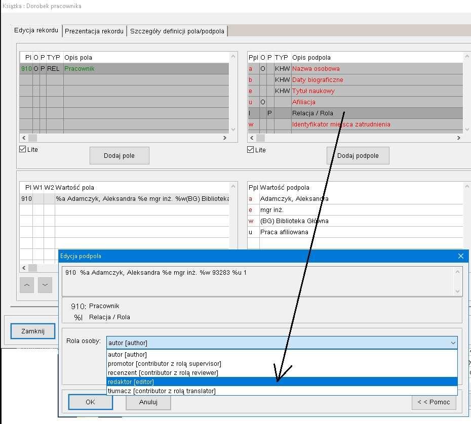 W przypadku czasopism możemy dodatkowo wybrać dla pracownika rolę redaktora z podpola I Relacja/Rola: PRZYKŁAD