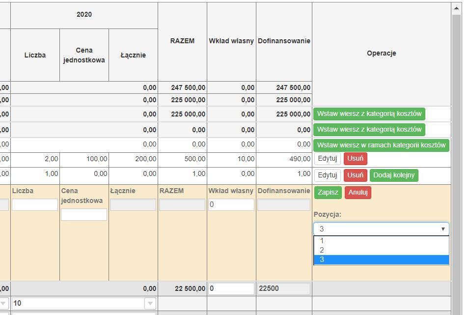 Podręcznik Użytkownika W tabeli finansowej 5.1.1 Planowane wydatki w ramach projektu w PLN możliwe jest przenoszenie kosztów w górę lub w dół.