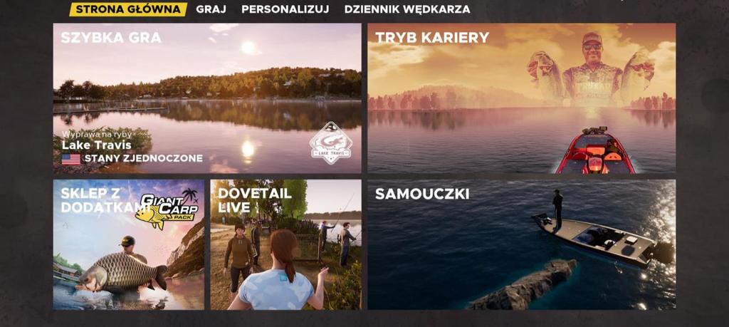 Menu główne Gdy po raz pierwszy uruchomisz grę Fishing Sim World: Pro Tour, gra poprosi cię o wybranie swojego stylu: łowienie bassów, łowienie karpi albo łowienie wszystkich ryb.