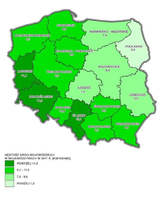 3 pasa ruchu na autostradzie A2 na odcinku Stryków Warszawa. Ponadto, województwo zajmuje 15. pozycję pod względem gęstości dróg wojewódzkich (7,4 km/100 km2) i 13. miejsce pod względem ich długości.