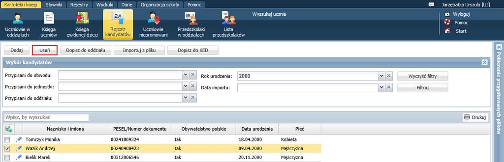 Aby wyświetlić listę osób zaimportowanych z wybranego pliku, należy w polu Data importu ustawić datę importu tego pliku i kliknąć przycisk Filtruj.