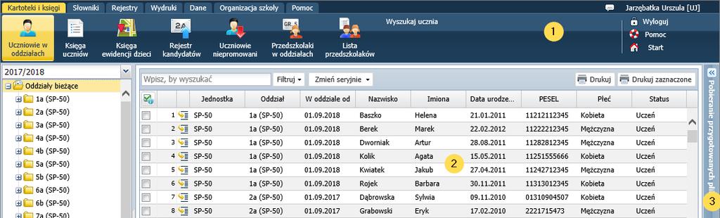 UONET+. Gromadzenie danych uczniów 2/23 Strona modułu składa się ze wstążki [1], panelu roboczego [2] oraz panelu Pobieranie przygotowanych plików [3].