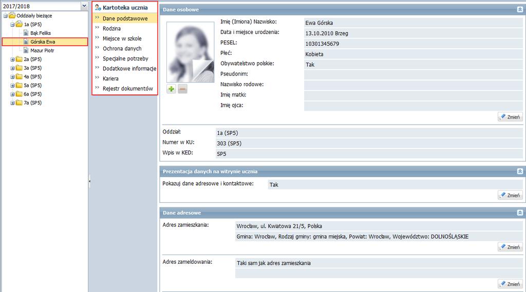Z poziomu modułu Sekretariat widoczne są następujące karty kartoteki ucznia: Dane podstawowe, Rodzina, Miejsce w szkole, Ochrona danych, Specjalne potrzeby, Dodatkowe informacje, Kariera, Rejestr