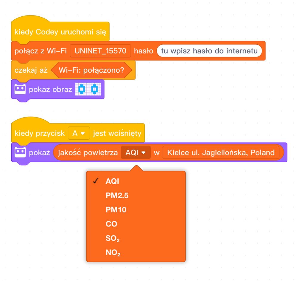 Blok jakość powietrza posiada 2 parametry: Indeks jakości powietrza Lokalizacja