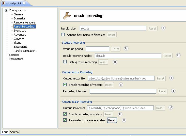 Rys 1. Formularz pliku omnetpp.ini widok na Result Recording Plik ned wygląd wtedy w następujący sposób (widok source ). [General] network = Lekcja3 warmup-period = 10s **.scalar-recording = true **.