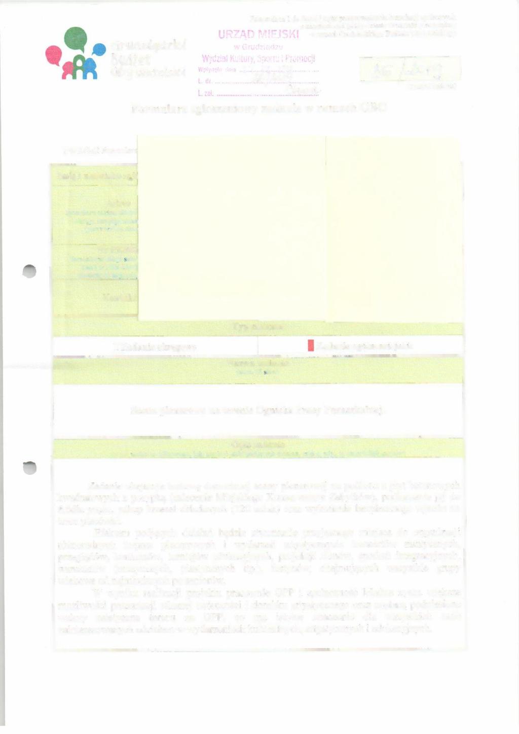u 1 O jg O/ J,;019 201~ ~et, Formularz zgłoszenowyzadana w ramach GBO., Jb Jc};:Jr<j (symbol zadana) UWAGA!