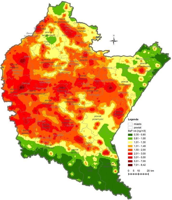 Wartości stężeń średniorocznych B(a)P określone w modelowaniu zawierały się w przedziale,35-8,42 ng/m 3 (4-84 % poziomu docelowego).