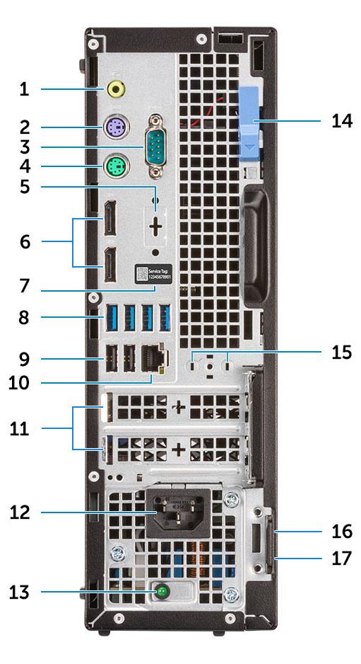 9 USB 3.1 Gen 1 port Widok z tyłu 1 Złącze wyjścia liniowego 2 Port PS/2 klawiatury 3 Port szeregowy (opcjonalnie) 4 Port myszy PS/2 5 Alternatywny tryb DisplayPort/HDMI 2.