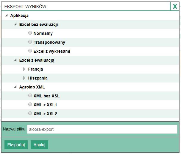 Pojawi się nowy ekran, w którym możesz wybrać, w jakim formacie chcesz eksportować wybrane wyniki. W "Excel bez ewaluacji" tworzysz zwykłe pliki Excel, które zawierają tylko wyniki.