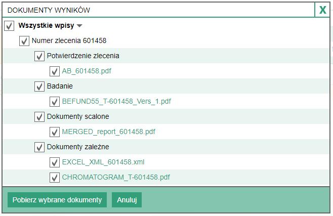 Dokumenty Po wybraniu jednego lub wielu zleceń lub próbek, możesz