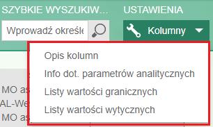 Modyfikowanie widoku szczegółowego wyników Ponownie, możesz dodawać i usuwać linie i kolumny z danymi, klikając przycisk "Kolumny" w prawym górnym rogu.