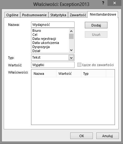 8 W polu Słowa kluczowe wpisz wyjątki, regiony, procent. 9 W polu Kategoria wpisz wydajność.