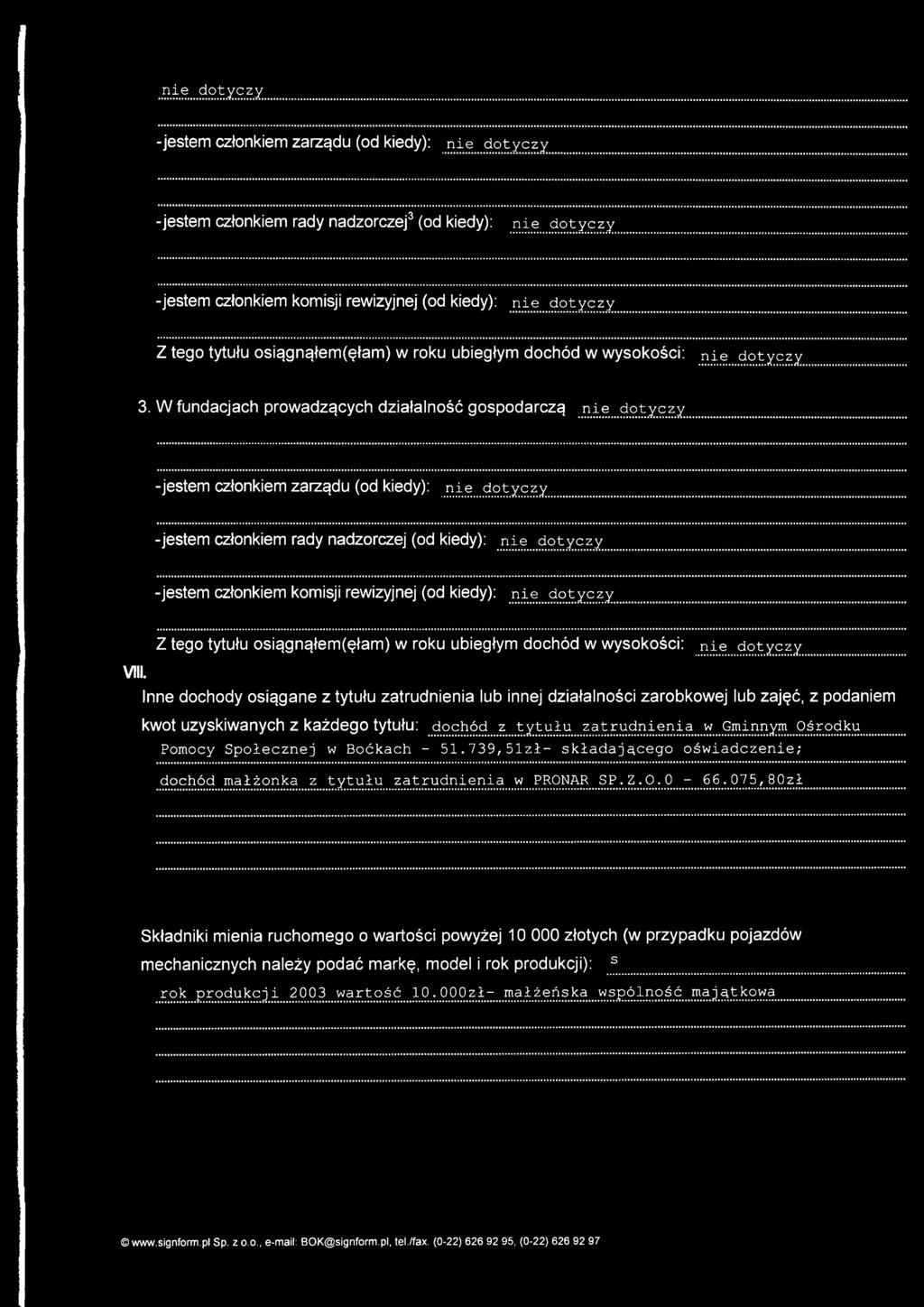 Inne dochody osiągane z tytułu zatrudnienia lub innej działalności zarobkowej lub zajęć, z podaniem kwot uzyskiwanych Z każdego tytułu: dochód z tytułu zatrudnienia w Gminnym Ośrodku Pomocy