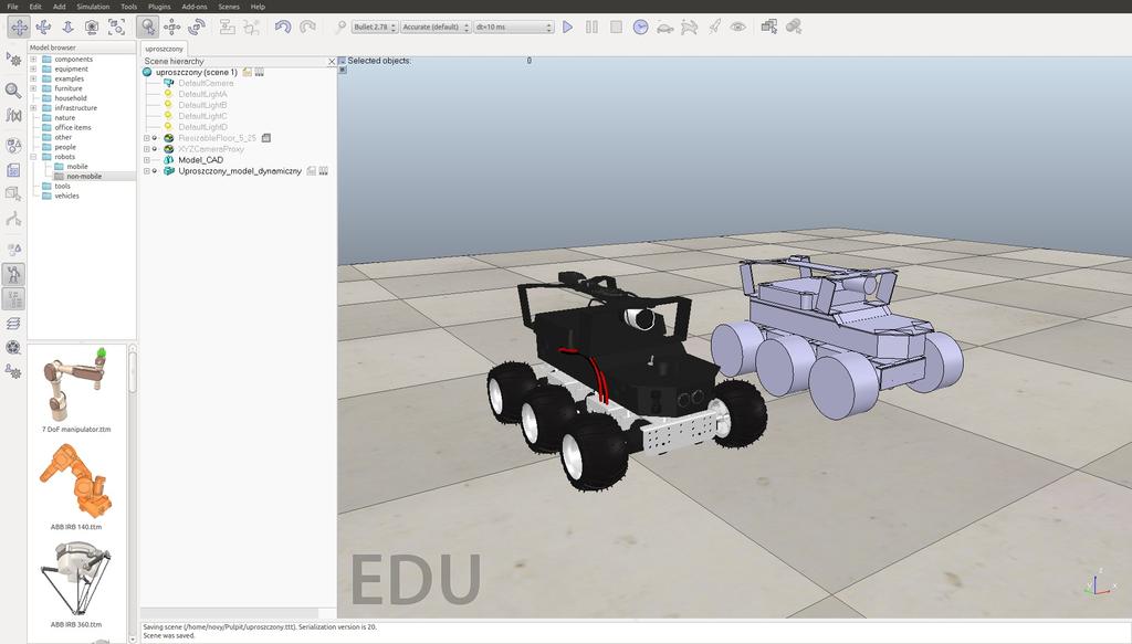 Symulator: model V-REP - model robota Składowe modelu V-REP: a importowany model CAD modele otoczeń uproszczony model