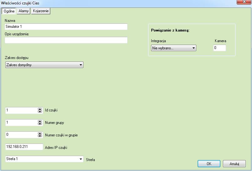 - adres IP czujki adres IP konkretnego urządzenia; - nazwę strefy wybieramy strefę do której przypisana jest czujka. (Tworzenie strefy jest opisane w dalszej części instrukcji). 7.1.2.