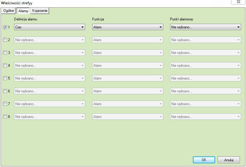 7.3.2.2. Alarmy Można załączyć do 8 alarmów i przypisać różne funkcje oraz punkty alarmowe. Funkcje które mogą być wykorzystane dla alarmu z Wyjścia: Alarm. 7.3.2.3. Kojarzenie W zakładce Kojarzenie istnieje możliwość przypisania do strefie grafik i programów, które będą uruchamiane po powstaniu zdarzenia alarmowego.