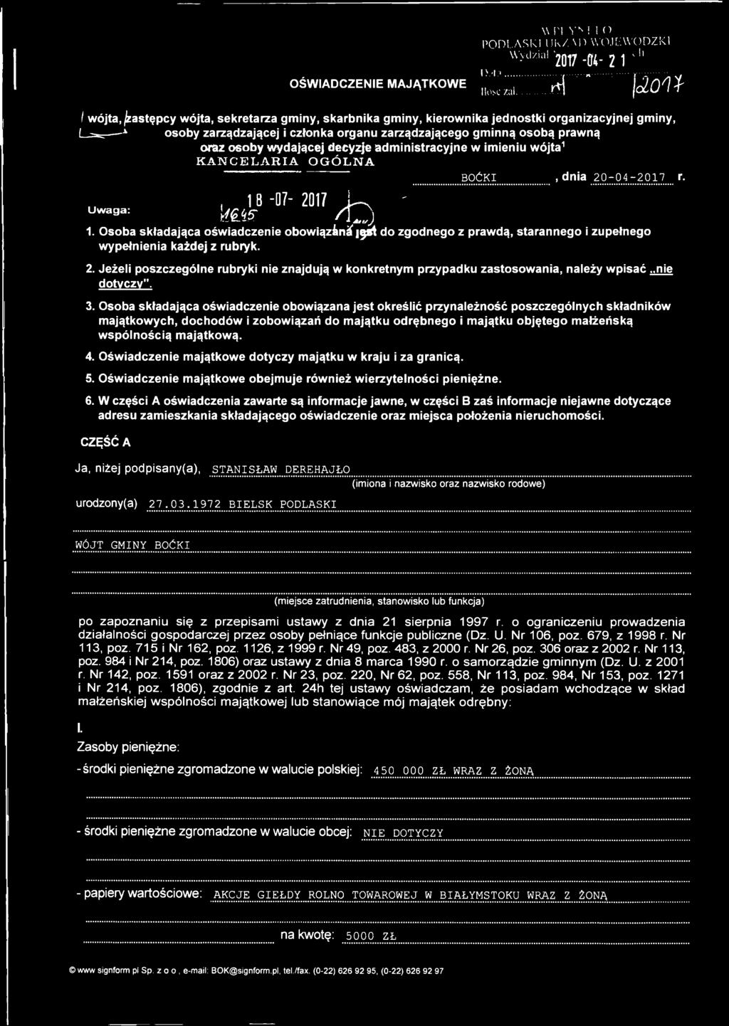zarządzającej i członka organu zarządzającego gminną osobą prawną oraz osoby wydającej decyzje administracyjne w imieniu wójta1 KANCELARIA OGÓLNA boćki, dnia 20-04-2017 r.