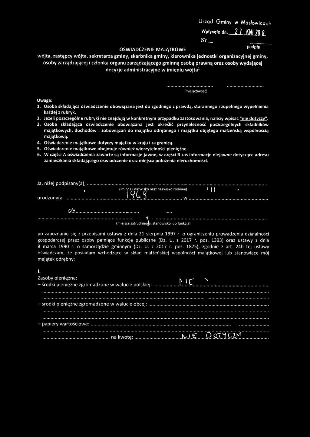 zarządzającego g m inn ą osobą p raw n ą oraz osoby w yd ającej d ecyzje ad m in istracyjn e w im ien iu w ó jta 1 (miejscowość) Uwaga: 1.