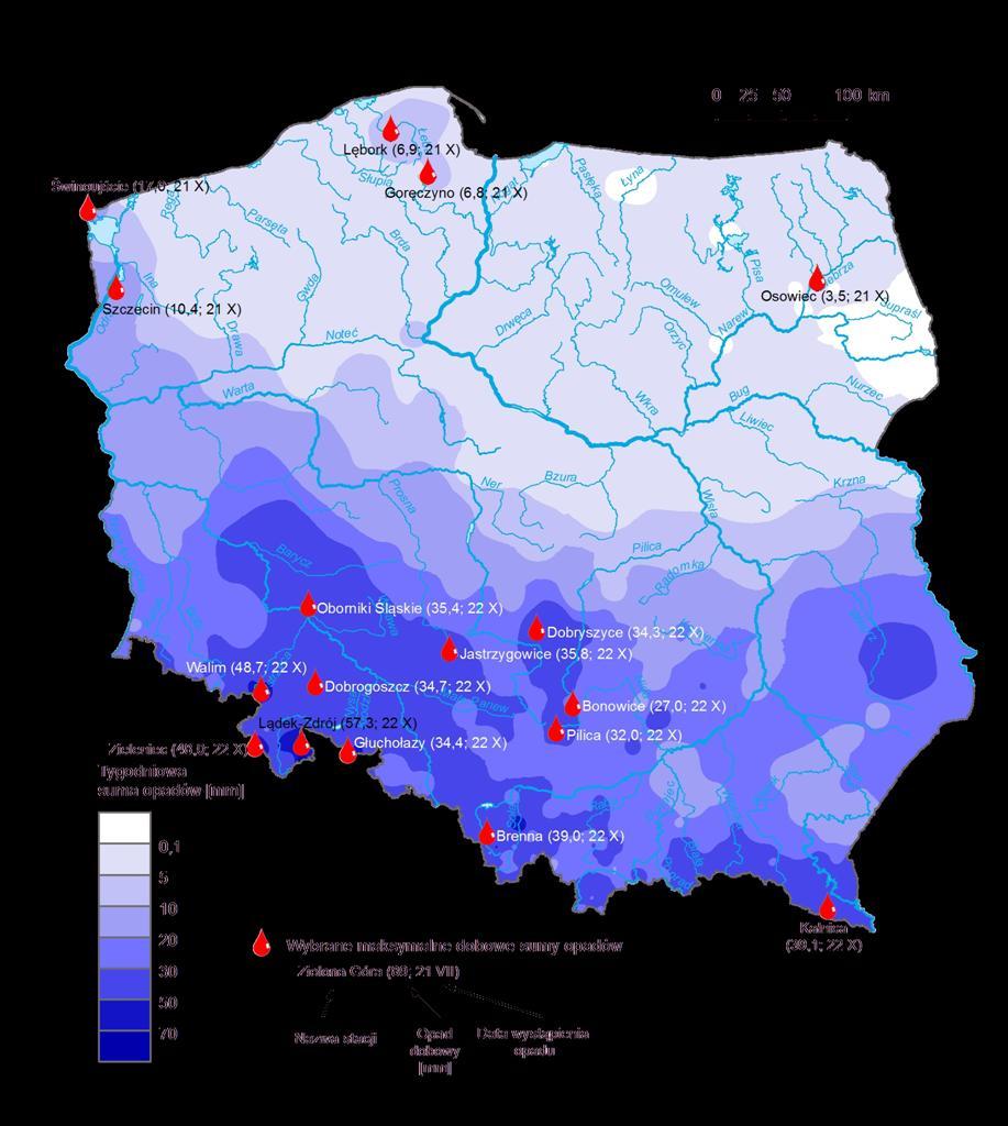 dobowe sumy opadów (w okresie 21